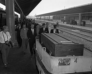 Errol Flynn's coffin on Los Angeles Union Station train platform, California, 1959