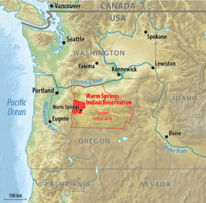 Location of the Warm Springs Indian Reservation and former tribal area