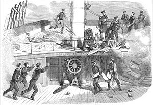 Sebastopol; the deck of the 'Ville De Paris', at the moment when the poop was struck by a Russian shell, 1854. From Cassell's Illustrated Family Paper; London Weekly 31 Dec 1853 to 30 Dec 1854