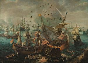 Slag bij Gibraltar in 1607 Het ontploffen van het Spaanse admiraalsschip tijdens de zeeslag bij Gibraltar, 25 april 1607, SK-A-2163.jpg
