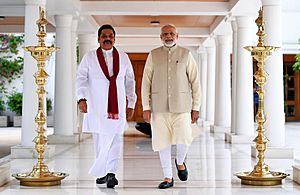 The former President of Sri Lanka, Mr. Mahinda Rajapaksa meeting the Prime Minister, Shri Narendra Modi, in New Delhi on September 12, 2018