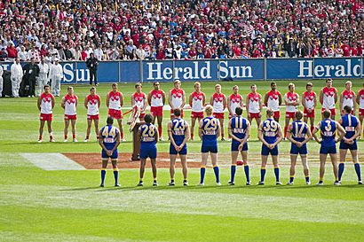 The teams line up for the national anthem, 2005 AFL Grand Final