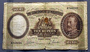 10 rupee banknote, Government of Mauritius, 1930. On display at the British Museum in London