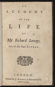An Account of the Life of Mr Richard Savage by Samuel Johnson title page 1744