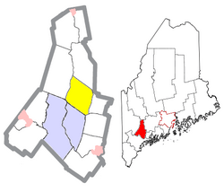 Location of Greene (in yellow) in Androscoggin County and the state of Maine