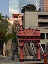 Angels Flight in May 2004 after the accident; the cars have been placed in storage