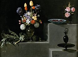 Juan van der Hamen - Stiil life with flowers, articholes cherries and glass, 1627, Prado