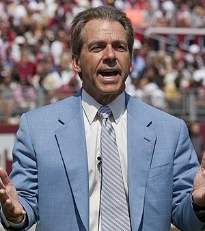 Nick Saban, who is the Alabama team coach, gives interviews and watches all the plays during this important spring scrimmage at University of Alabama, Tuscaloosa, Alabama LCCN2010638313 (cropped)