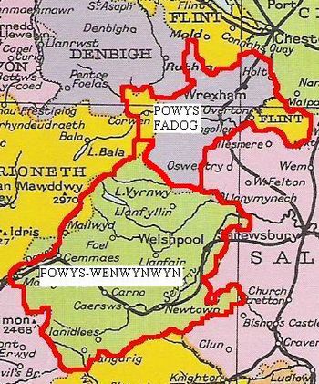 Powys as divided in 1190.