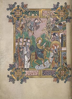 The Entry into Jerusalem - Benedictional of St. Aethelwold (971-984), f.45v - BL Add MS 49598