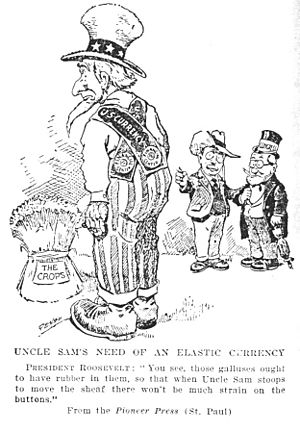 1908 editorial cartoon promoting elastic currency