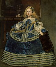 Margarita Teresa wears a solemn expression and blue silk dress adorned with silver borders. The dress's expansive crinoline is accentuated by the trimmed borders and wide lace collar.
