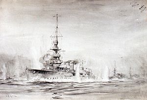 HMS 'Calypso' at the Second Battle of the Heligoland Bight, 17 November 1917 RMG PW1812.jpg