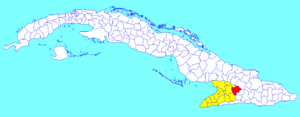 Jiguaní municipality (red) within  Granma Province (yellow) and Cuba
