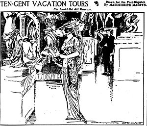 Sketch by Marguerite Martyn of interior of St. Louis Art Museum in 1913 with woman visitor