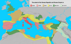 Extent of the Roman Republic and the Roman Empire between 218 BC and 117 AD
