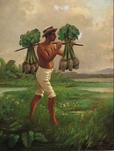 Man with a Yoke Carrying Taro by Joseph Strong, oil on canvas board, 1880, Honolulu Museum of Art, accession 12692.1
