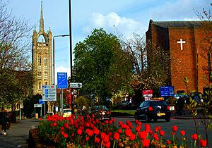 Two churches and some flowers, Cheam Rd, SUTTON, Surrey, Greater London