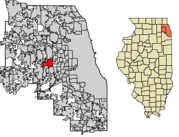 Location of Oak Brook in DuPage and Cook Counties, Illinois.