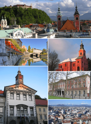 Clockwise from top: Ljubljana Castle in the background and Franciscan Church of the Annunciation in the foreground; Visitation of Mary Church on Rožnik Hill; Kazina Palace at Congress Square; view from Ljubljana Castle towards the north; Ljubljana City Hall; Ljubljanica with the Triple Bridge in distance.