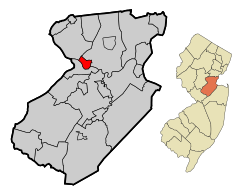 Highland Park highlighted in Middlesex County. Inset: Location of Middlesex County highlighted in the State of New Jersey.