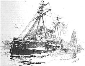 Ship of Inflexible type heeling over after damage to the armour below the waterline