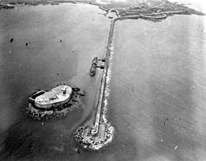 Aerial view of an oil tanker discharging at the digue de Querqueville