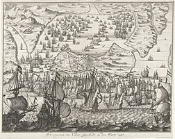 Zeeslag voor Cadiz, 1596 Het innemen van Cadix, geschiedt in den Jaere 1596 (titel op object), RP-P-OB-80.182