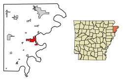 Location of Osceola in Mississippi County, Arkansas.