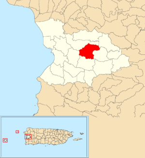 Location of Quemado within the municipality of Mayagüez shown in red