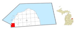 Location within Huron County (red) and the administered village of Sebewaing (pink)