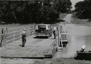 Sharkey County, Miss. June 1, 1965. Sunflower River Ferry is used by Ed Blake and Austin McMurchy on a field trip in the delta