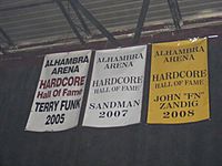 Banners for Terry Funk, Sandman, and John 'FN' Zandig at the Hardcore Hall of Fame (2010)