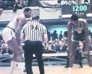Bill Russell and Wilt Chamberlain and Referee Norm Drucker, Opening Tip Game 5 1967 Eastern Division Playoffs