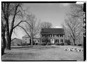 GENERAL VIEW OF EAST (FRONT) ELEVATION (NOTE OUTBUILDINGS TO REAR) - Pleasant Prospect, 12806 Woodmore Road, Mitchellville, Prince George's County, MD HABS MD,17-WOOD.V,2-7.tif