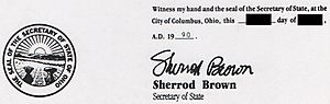 State of Ohio Secretary of State Sherrod Campbell Brown Signature