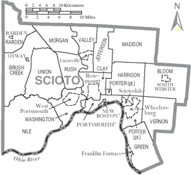 Map of Scioto County Ohio With Municipal and Township Labels
