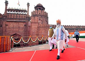 The Prime Minister, Shri Narendra Modi walking towards the dais to address the Nation at Red Fort, on the occasion of 75th Independence Day, in Delhi on August 15, 2021 (2)