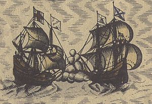 An English and Scottish warship from John Speed's Map of Scotland, 1610