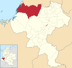 Location of the municipality and town of López de Micay in the Cauca Department of Colombia.