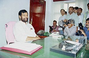 Shri Ram Vilas Paswan in his office after taking over the charge as the Union Minister of Chemicals & Fertilizers in New Delhi on May 24, 2004