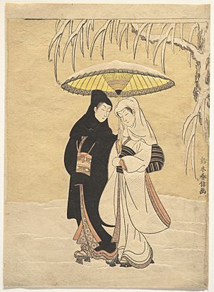 Suzuki Harunobu - Lovers Walking in the Snow (Crow and Heron) ~ compressed