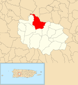 Location of Tanamá barrio within the municipality of Adjuntas shown in red