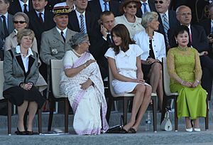 Wife of the Prime Minister, Dr. Manmohan Singh, Smt. Gursharan Kaur with the wife of the President of France, Mr. Nicolas Sarkozy, at the Bastille Day Parade of France, in Paris on July 14, 2009