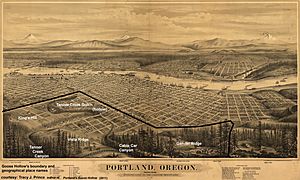 1879 map of Portland, Oregon with Goose Hollow boundary and geographical place names overlaid