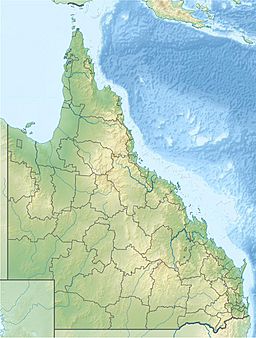 A map of Queensland, Australia with a mark indicating the location of Lake Galilee
