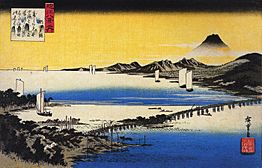 Hiroshige View of a long bridge across a lake