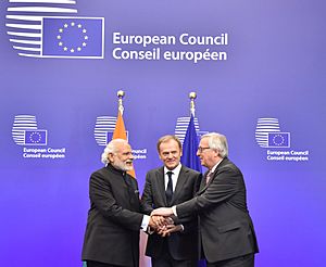 Prime Minister Narendra Modi with the President European Council Donald Tusk, and the President European Commission Jean-Claude Juncker, at the EU-INDIA Summit