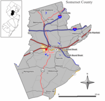 Map of Raritan in Somerset County. Inset: Location of Somerset County highlighted in the State of New Jersey.