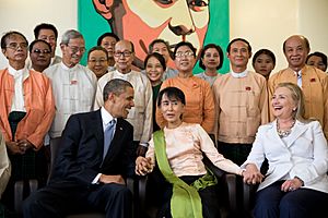 Barack Obama and Hillary Clinton at home of Aung San Suu Kyi